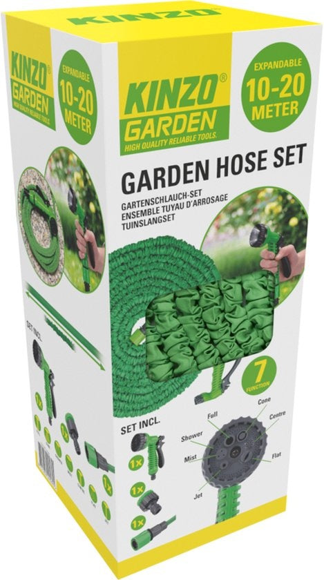 Kinzo Flexible Garden Hose 20M - Incl. attachement - Buse avec 7 modes de pulvérisation - Plastique - Vert/Gris