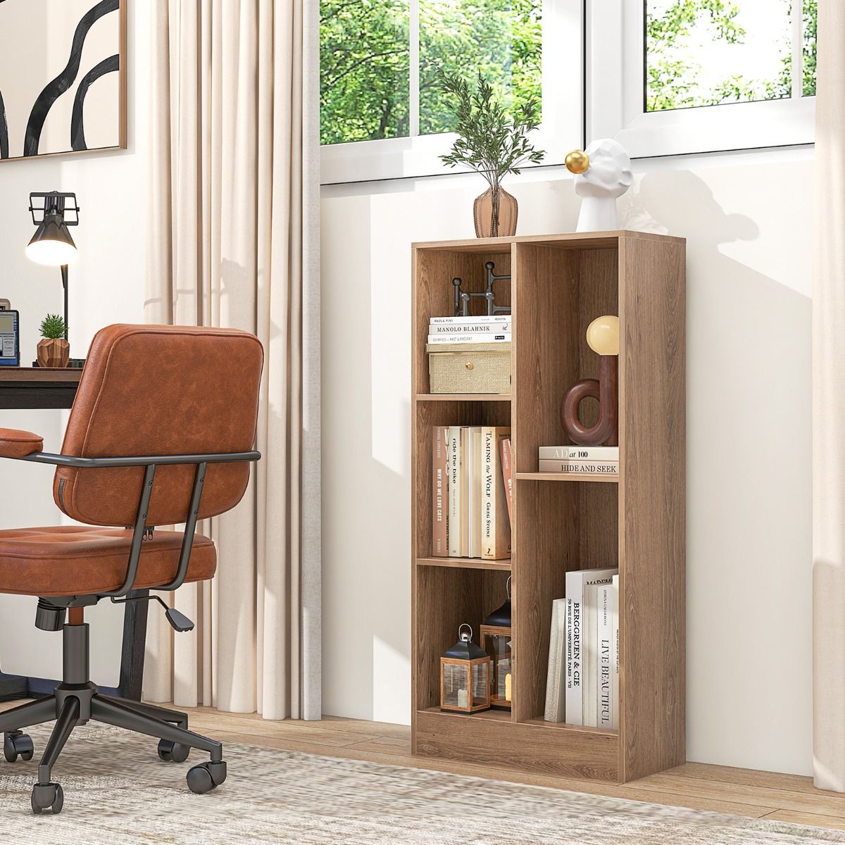 Coast - Bibliothèque à 5 compartiments - Rayonnage à cube vertical, protection contre le basculement, capacité de 90 kg - 50 x 24 x 104 cm - Bois/MDF - Bois naturel