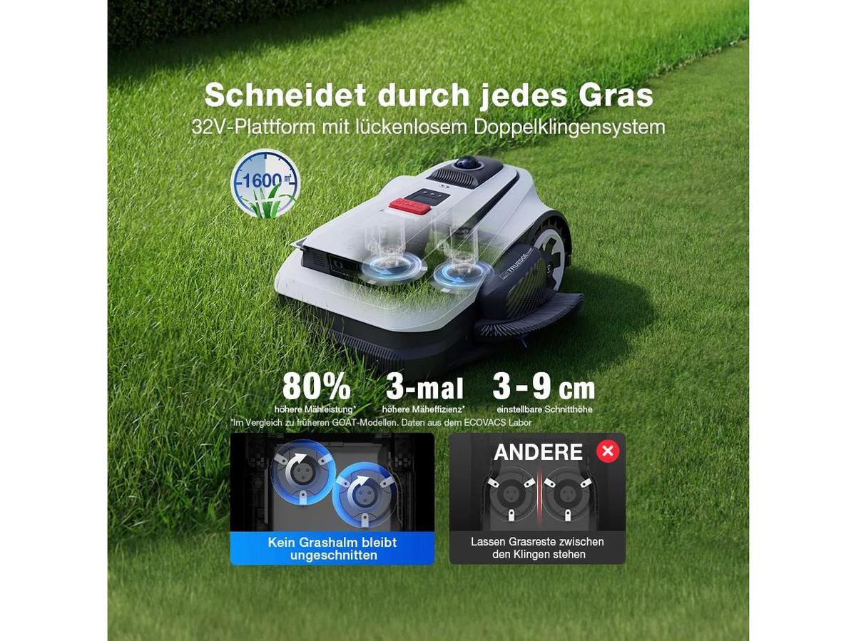 Tondeuse robot Ecovacs GOAT A1600 LiDAR PRO - Batterie et station de recharge incluses - Tond jusqu'à 1 600 m²