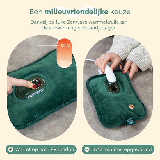 Bouillotte électrique Zenwave avec housse - Écran numérique - Bouillotte et bouillotte à eau avec chauffe-mains - Coussin chauffant rechargeable - Ceinture chauffante pour les règles - Durable et sans fil - Camping et plein air - Bouillotte verte