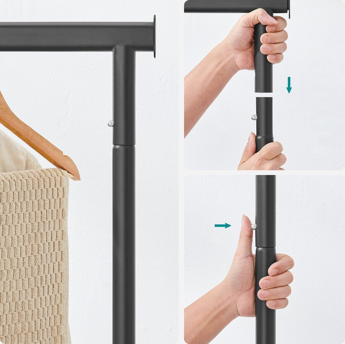 O'DADDY® Porte-vêtements à roulettes - Porte-penderie - Tringle de suspension extensible - Design robuste - Stable jusqu'à 130 kg - Métal - Noir
