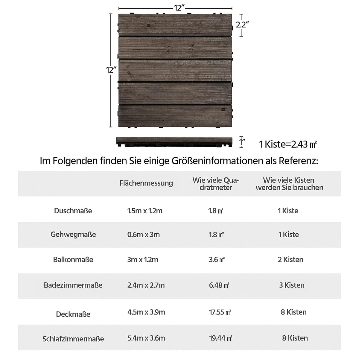 Dalles de terrasse en bois Yaheetech 30 x 30 cm - 27 pièces - 2,6 m² - Noir