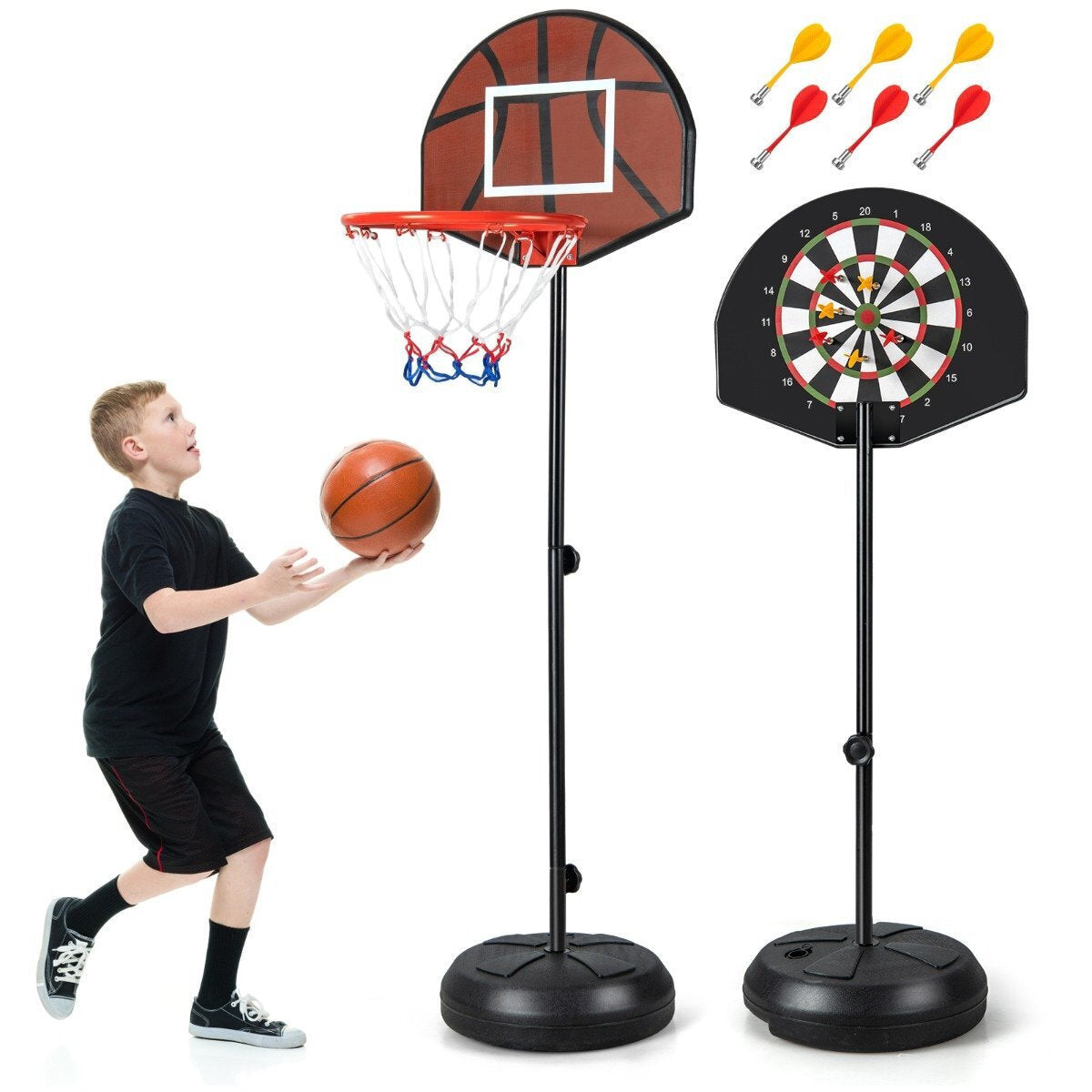 Coast 2-in-1 Poteau de basket réglable avec cible de fléchettes - Noir - Hauteur 130-180 cm - Pour les enfants à partir de 8 ans