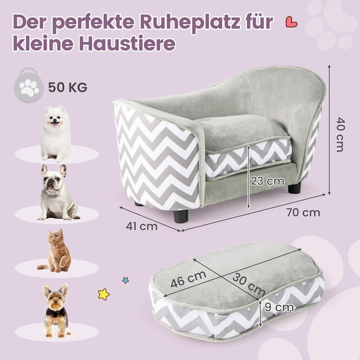 Coast Deluxe Canapé pour chien et chat 69.5x40x40.5 cm - Gris/Blanc - Canapé confortable pour animaux de compagnie avec rangement