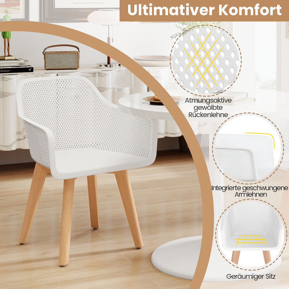 Coast Dining Chairs White - Lot de 2 - 57 x 56 x 75 cm - Avec dossier en maille et pieds en hêtre