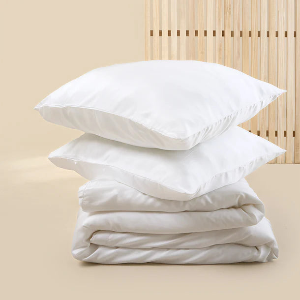 Sjumo - Housse de couette en satin de Tencel - 200x220 cm - Fresh White Tencel & Cotton Satin - High Gloss & Silky Soft - Anti-allergique & Respirant - 2 Taies d'oreiller gratuites incluses