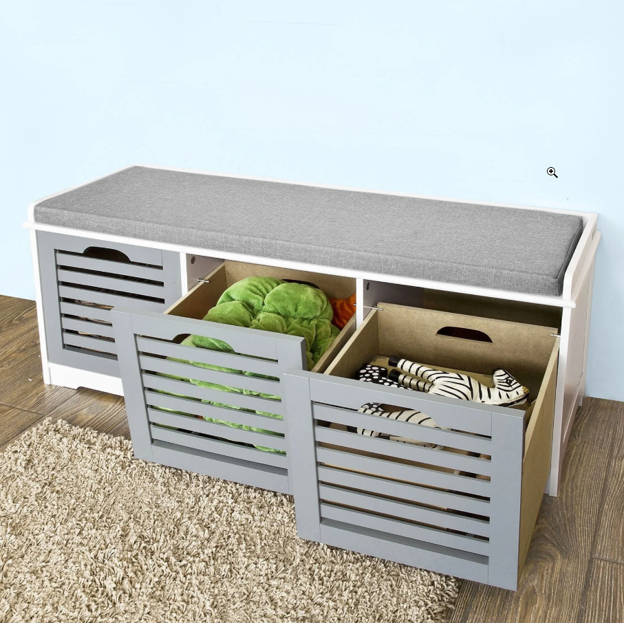 SoBuy FSR23-HG Banc à chaussures moderne - 3 paniers - 35 x 105 x 43 cm - Blanc/Gris