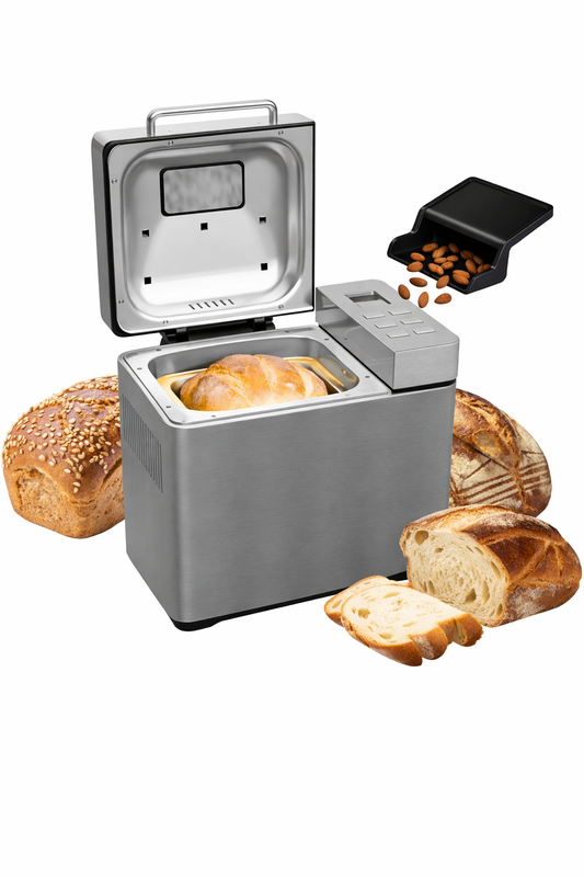 Skoov Bakemaster Machine à pain en acier inoxydable - 345x248x310 mm - 19 Programmes - Sans gluten - 1000g - Minuterie 15 heures - 650W