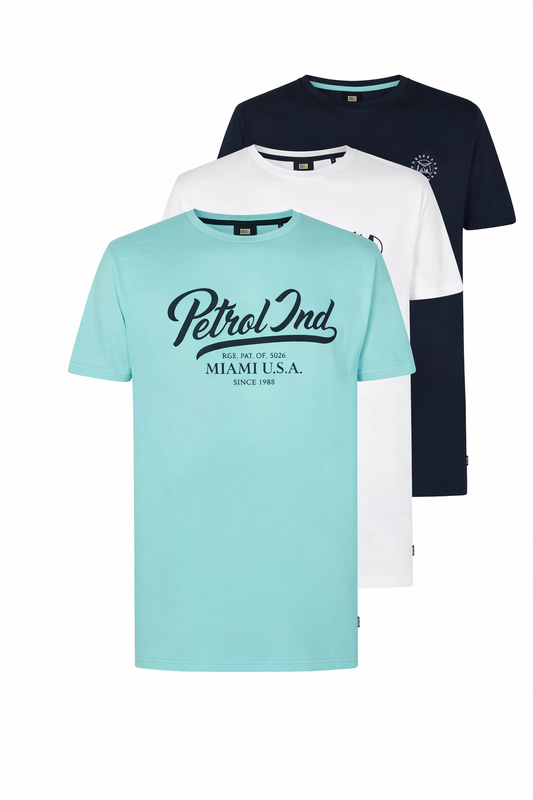 Petrol Industries Classic T-Shirt Homme - Lot de 3 - Blanc, Bleu & Marine - Taille S