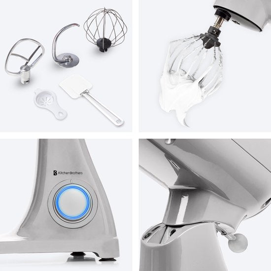 KitchenBrothers Robot de cuisine - Robot de cuisine - 6.2L Bol mélangeur - 1800W - Mélangeur de cuisine - Aluminium - Silver