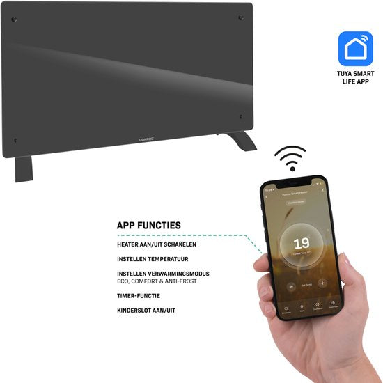 VONROC Chauffage électrique de luxe - Convecteur avec panneau en verre - 1250W/2500W- Chauffe les pièces jusqu'à 30m2 - Contrôlé par l'application (via Wifi) et manuellement - Thermostat et minuterie réglables - Gris