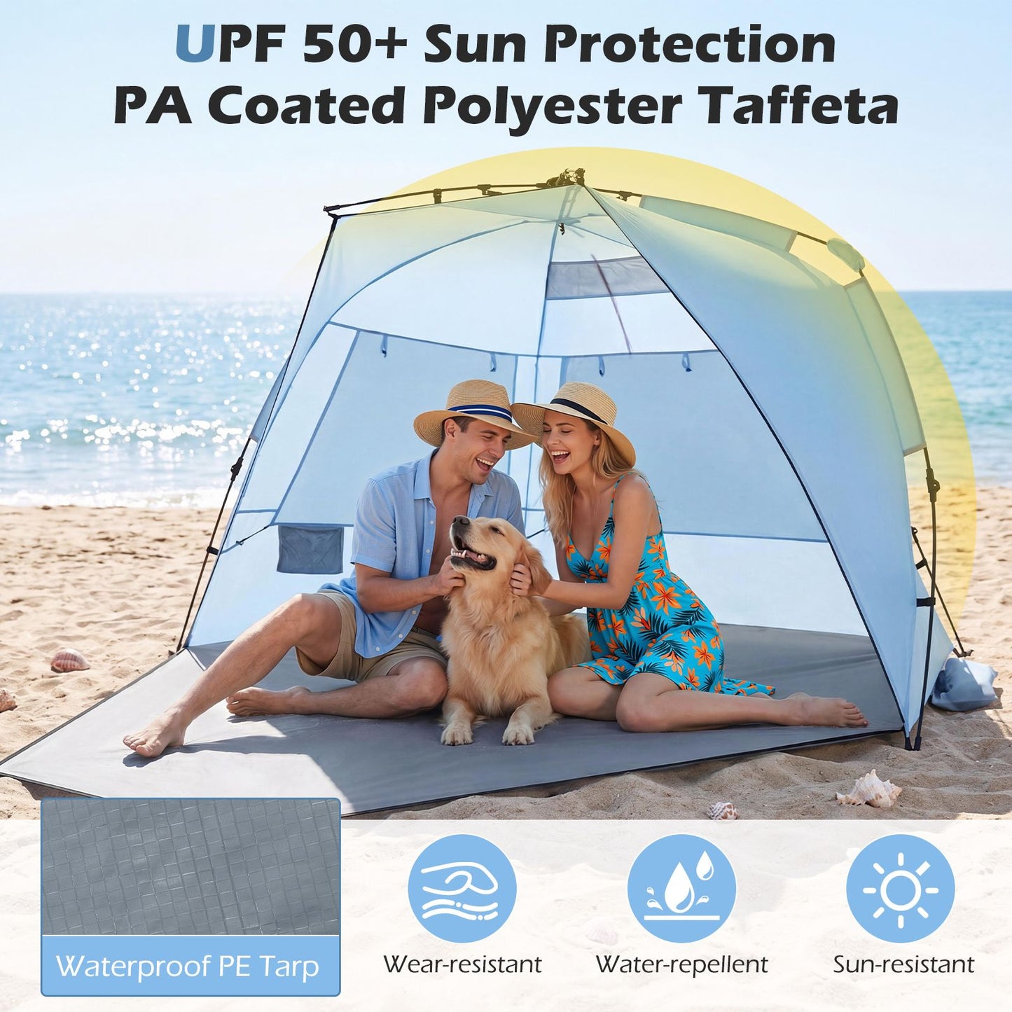 Tente de plage pop-up Coast pour 3-4 personnes - Gris/Bleu - 278 x 140 x 142 cm - Sac de transport, piquets et sacs de sable inclus