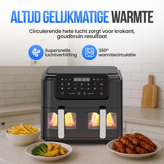Strex Airfryer XXL - 10L - 2500W - Friteuse à air chaud - Double Airfryer - 50ºC à 200ºC - 10 programmes de cuisson - Noir