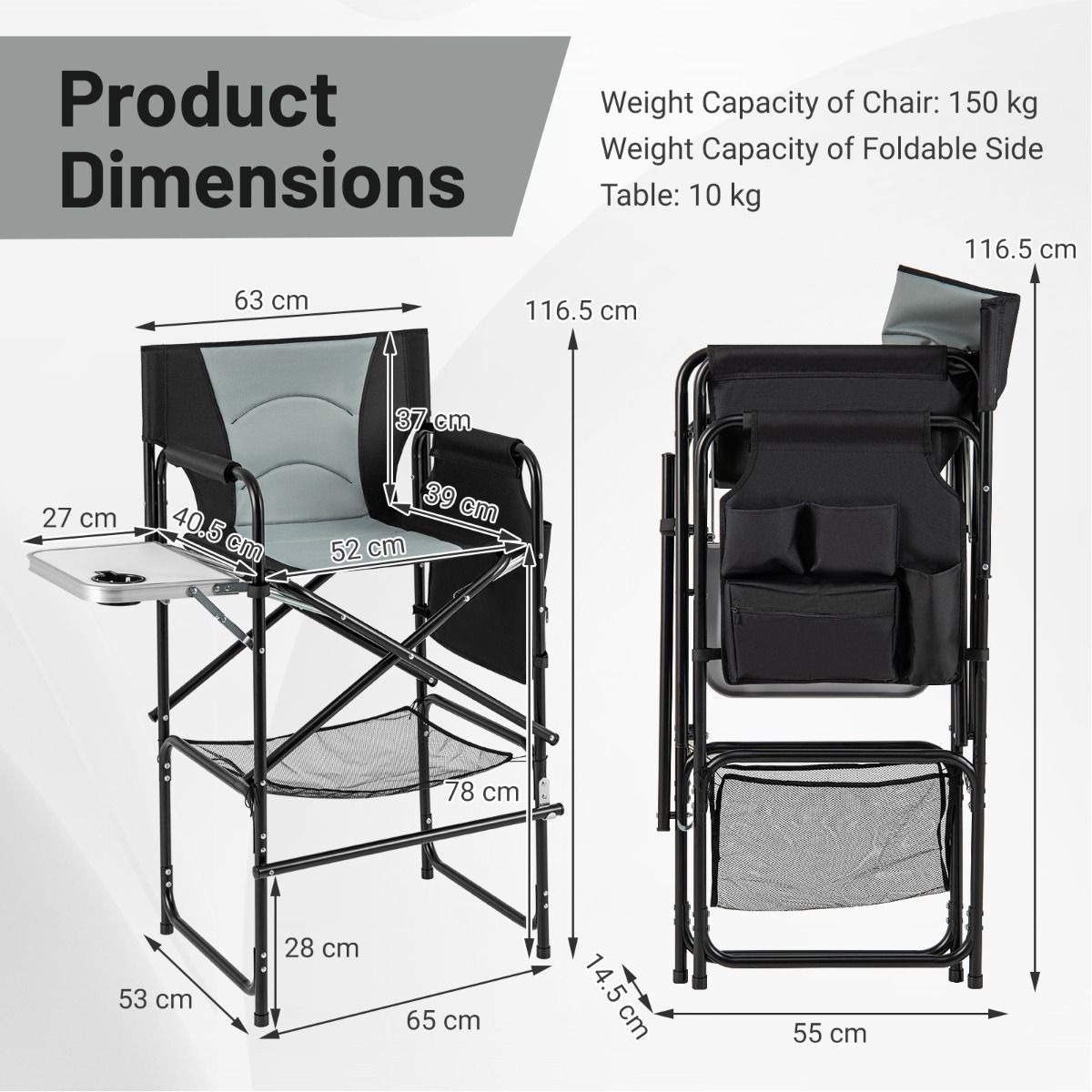 Chaise de camping Coast Chaise de directeur pliable avec table d'appoint, repose-pieds et compartiments de rangement - Noir/Gris - 65 x 53 x 116,5 cm