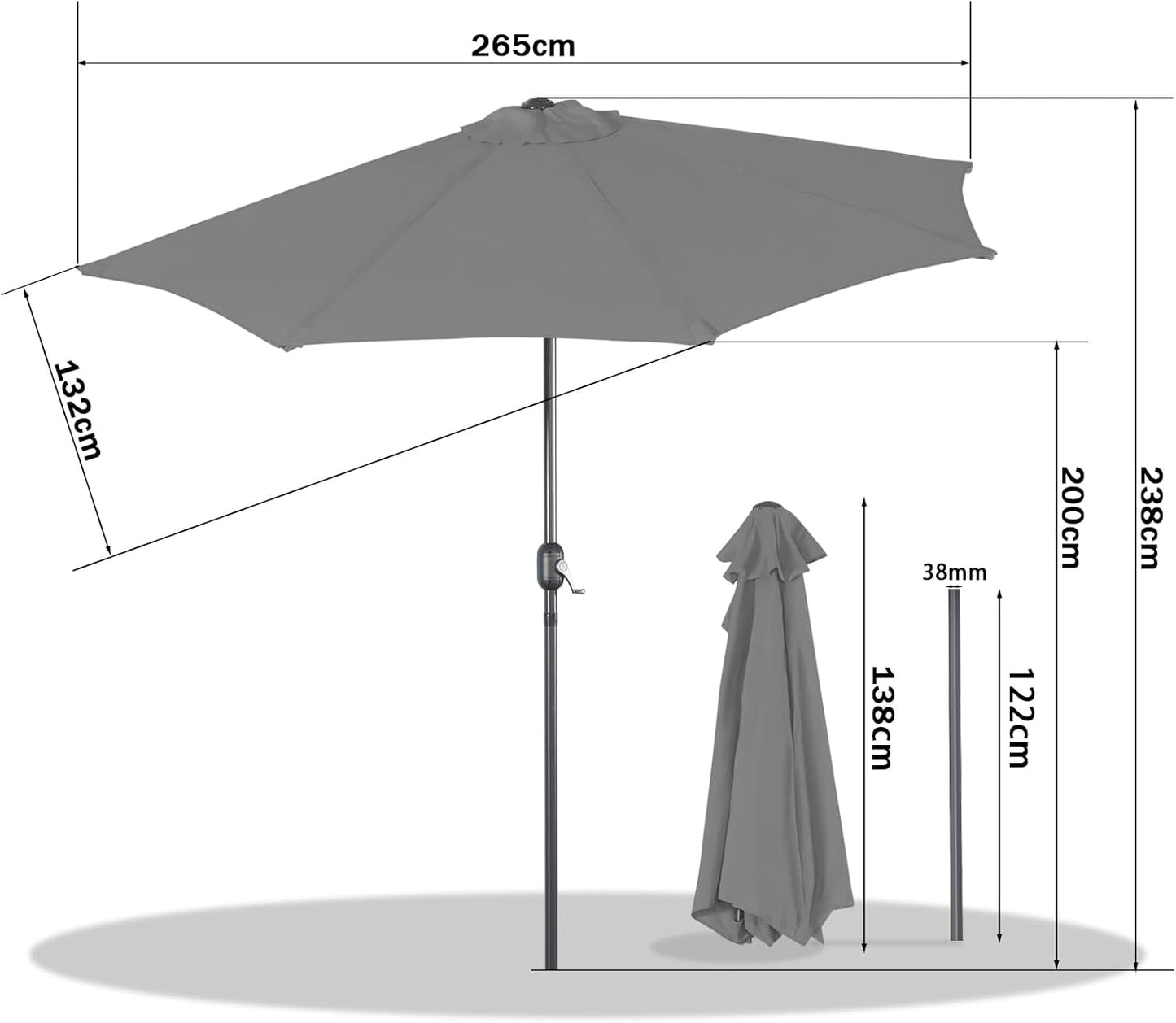 Angel Living Parasol de balcon - Semi-circulaire - 265 x 130 cm - Gris