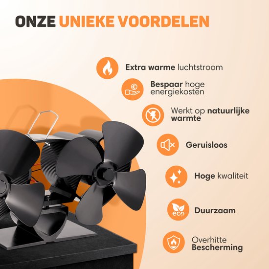 Vulpes Goods® Tech - Ventilateur de poêle à bois - Ventilateur de cheminée - Ecofan - Ventilateur de chaleur - 8 pales et 2 ventilateurs - Thermomètre et gant inclus - version PRO