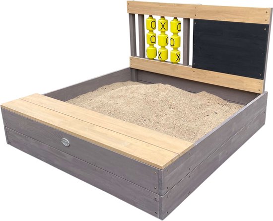 Bac à sable AXI Kitty « Beurre, fromage et œufs » gris/marron - Avec siège - Bâche de protection et toile de sol incluses - Bois certifié FSC
