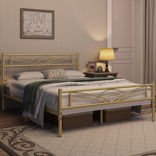 Yaheetech : cadre de lit en métal 140 x 200 cm – Or antique – Lit moderne pour enfant avec sommier à lattes et grand espace de rangement