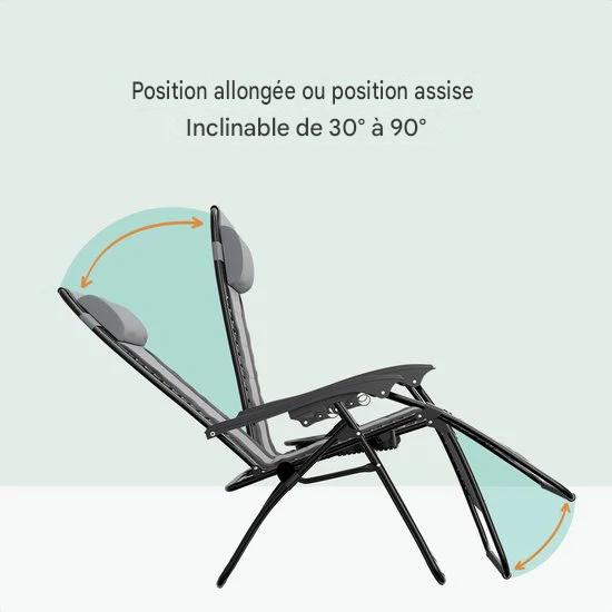 LifeGoods Chaises longues confort - pliable - 30°-90° réglable - support pour gobelets et téléphone - chaises de jardin - noir/gris