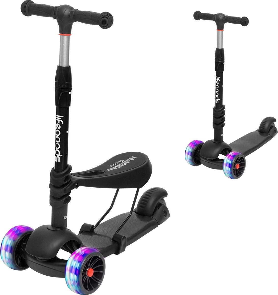 LifeGoods MultiRider Kids Scooter - Step 3-8 Years - Siège ajustable - Luminous Wheels - Boys/Girls - Black