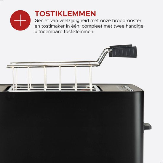 Grille-pain Bourgini Tosti avec fonction bagel - Grille-pain avec pinces à sandwich - Noir - Finition mate - Fente extra-large pouvant accueillir 2 sandwichs