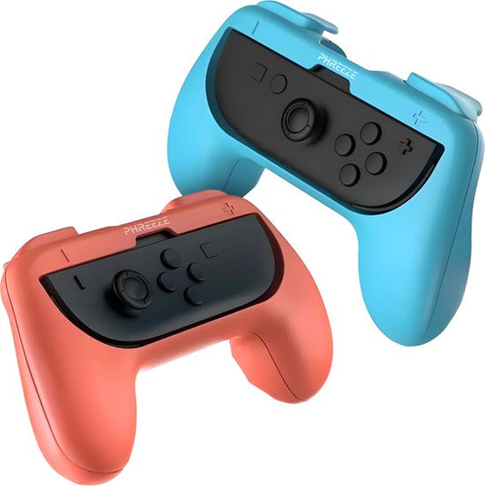 Poignées Phreeze Controller compatibles avec la Switch 2 Joy-Con : support - ergonomiques - avec gâchettes - rouges et bleues - lot de 2