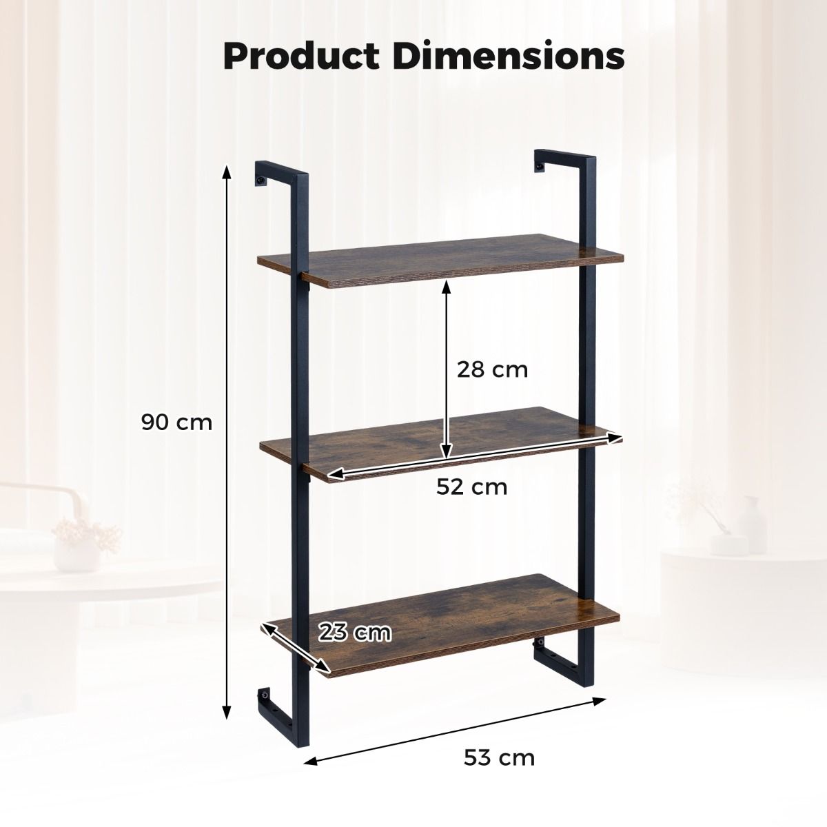 Étagère murale Coast pour cuisine - 3 niveaux - structure métallique - marron - 53 x 23 x 90 cm