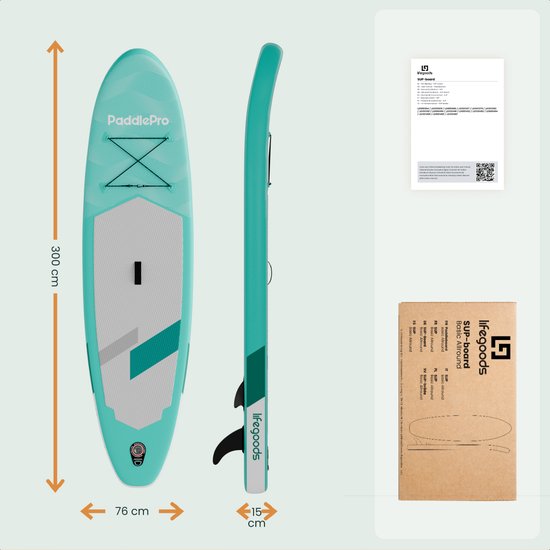 LifeGoods SUP Board All-round Compact - avec siège - capacité de charge de 100 KG - 300 x 76 cm - gonflable - ensemble complet de SUP - vert menthe