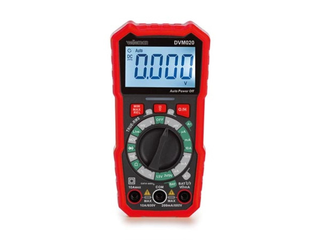 Velleman Digitale multimeter, datahold, geschikt voor het meten van AC/DC-stroom, AC/DC-spanning, weerstand, batterijspanning, continuïteit, temperatuur, inclusief meetsnoeren