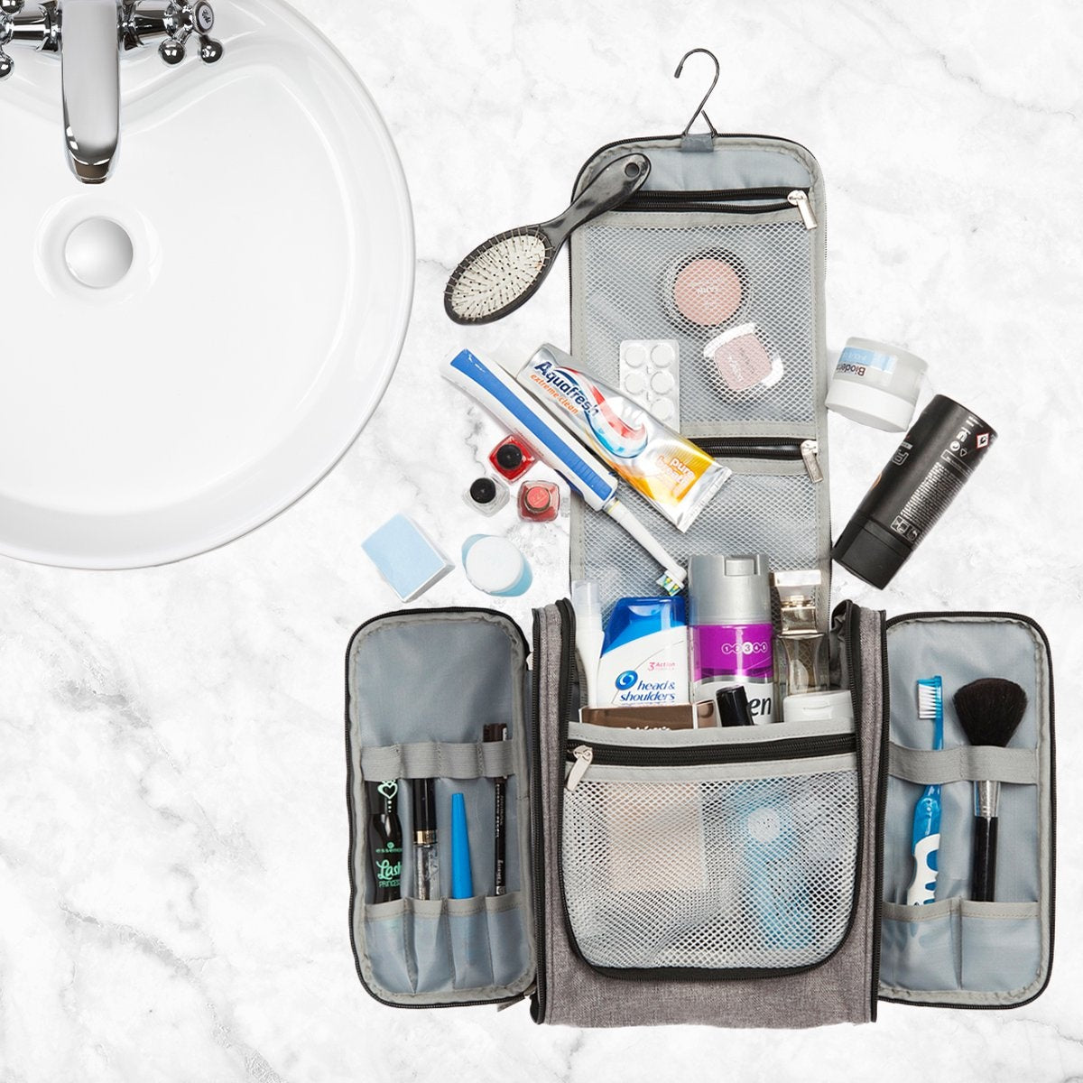 TRVLMORE Trousse de toilette XL - Suspension avec crochet - Gris