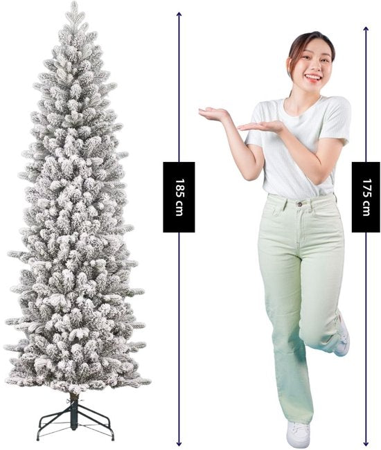 Black Box Trees Harma Slim : sapin de Noël avec effet neige et structure à charnières pour un montage rapide - Sapin artificiel pour petits espaces - Décoration de Noël d'intérieur - H 185 x Ø 63 cm - Vert givré