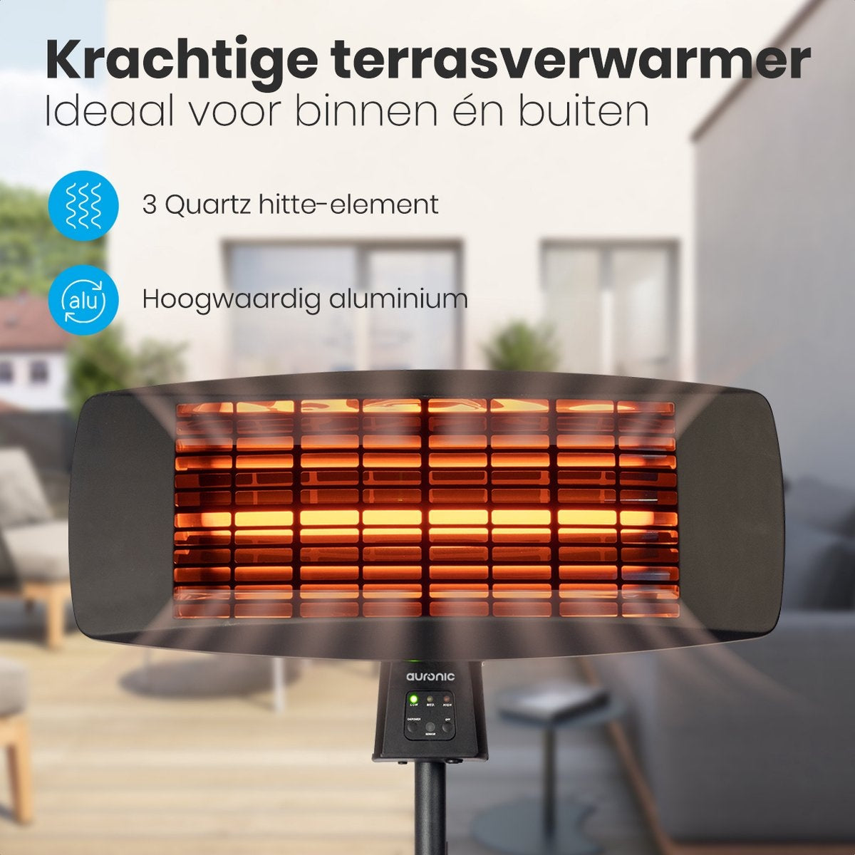 Chauffage de terrasse - Auronic - Électrique - 2000W - Télécommande incluse - 3 niveaux - Noir