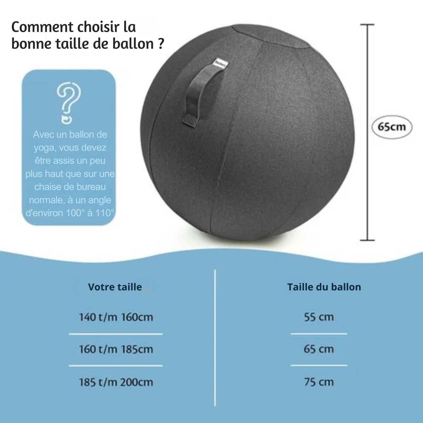 Balle d'assise - Backerz® - Boules d’Assise avec Housse - 65 cm - Chaise de Bureau Ergonomique - Lin Anthracite - Noir
