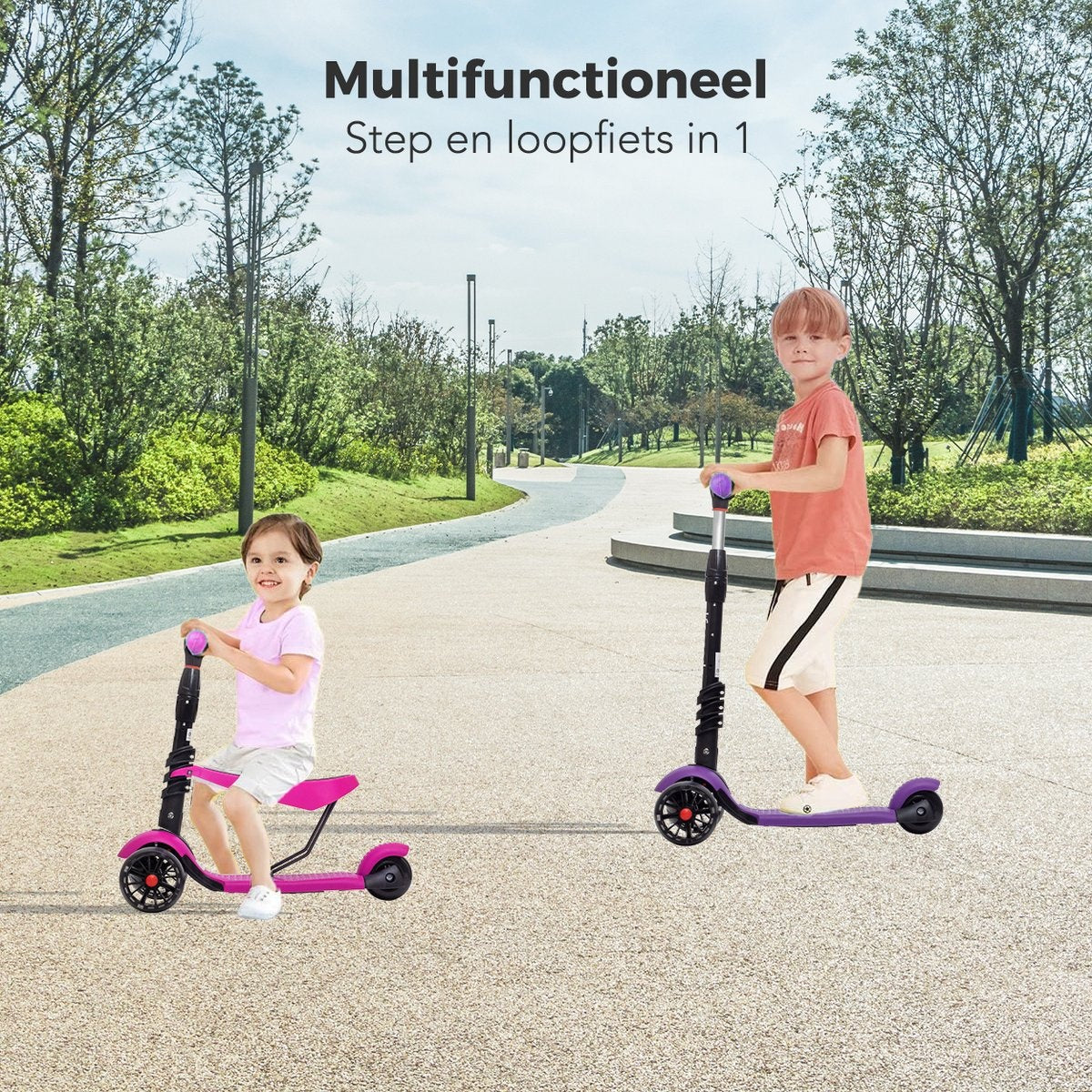 LifeGoods MultiRider Scooter pour enfants - Étape 3-8 ans - Siège réglable - Roues lumineuses - Garçons/Filles - Rose