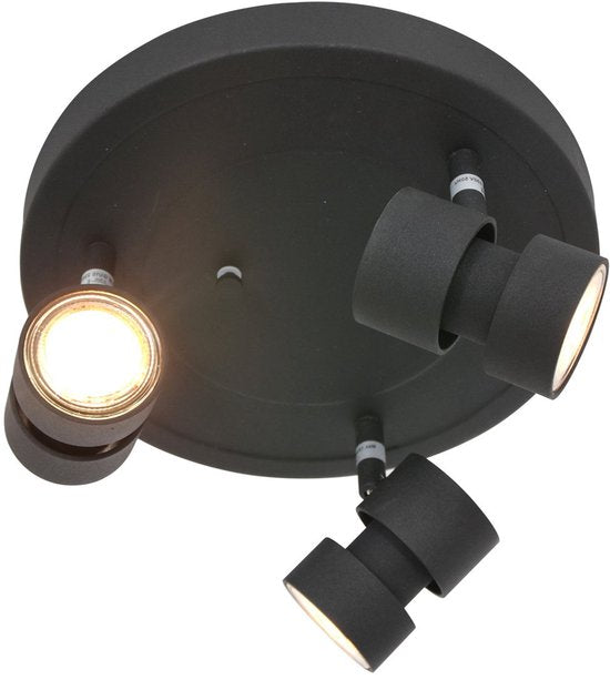 Spot Natasja 7905ZW : spot rond noir à 3 lampes avec ampoules GU10 de Steinhauer, en métal, diamètre 27,5 cm, orientable et inclinable, design moderne