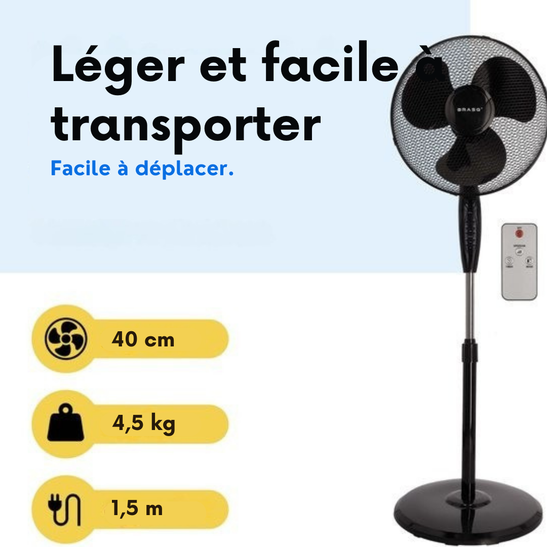BRASQ Ventilateur trépied - 40 cm - Noir - Avec télécommande - Minuteur - Mode veille - Réglable en hauteur - Ventilateur silencieux - 40 Watts