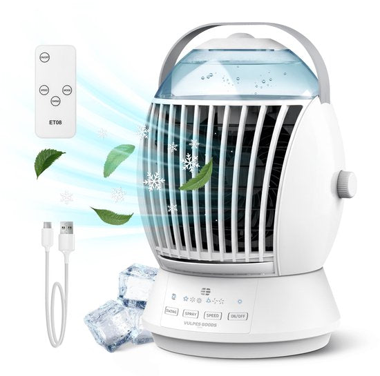 Vulpes Goods® Tech - Mini climatiseur ELITE - Refroidisseur d'air mobile avec télécommande - Refroidisseur d'air 6 en 1 - 3 modes d'humidification avec fonction oscillante - 3 vitesses de ventilation - 100 % anti-fuites - Câble et adaptateur fournis - Pou