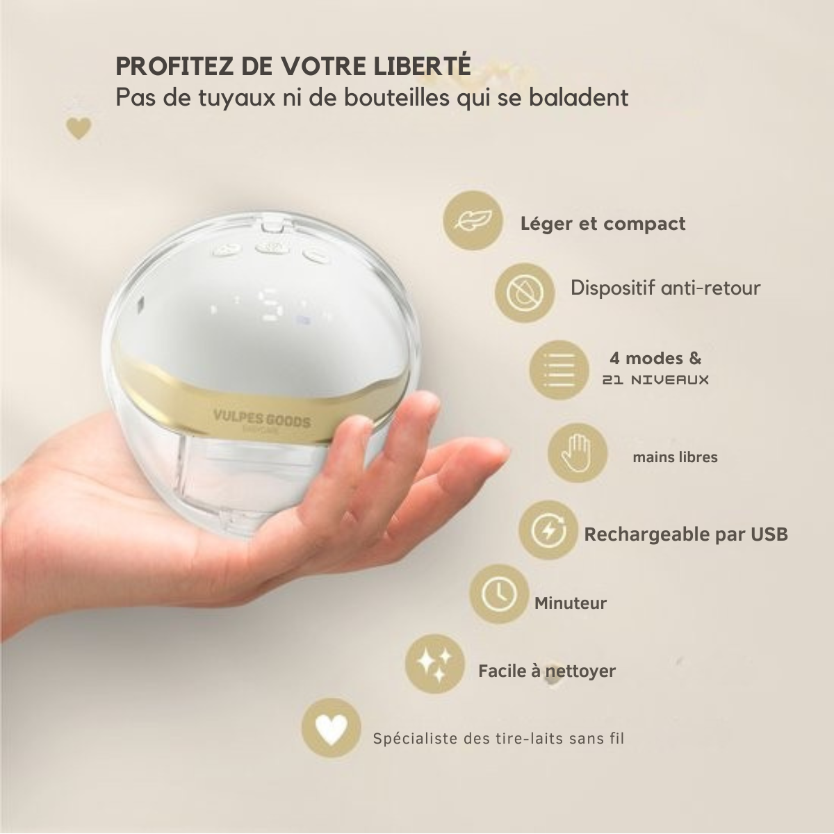 Tire-lait mains libres - Vulpes Goods® BabyCare - Tire-lait électrique sans fil - Portable - Double tire-lait électrique mains libres - Version PRO