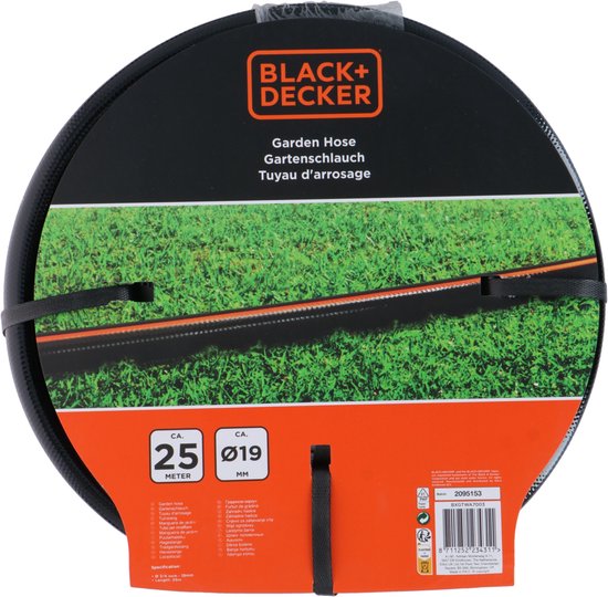 Tuyau d'arrosage 25 mètres - BLACK+DECKER - ⌀19MM - PVC durable - Convient à tout robinet standard - Noir/Orange