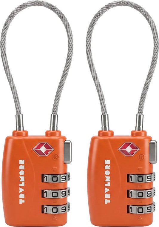 TRVLMORE Cadenas pour valise long - Cadenas de voyage TSA - Cadenas - Cadenas à 3 chiffres - Câble de 14 cm - Lot de 2 - Cadenas à combinaison - Orange