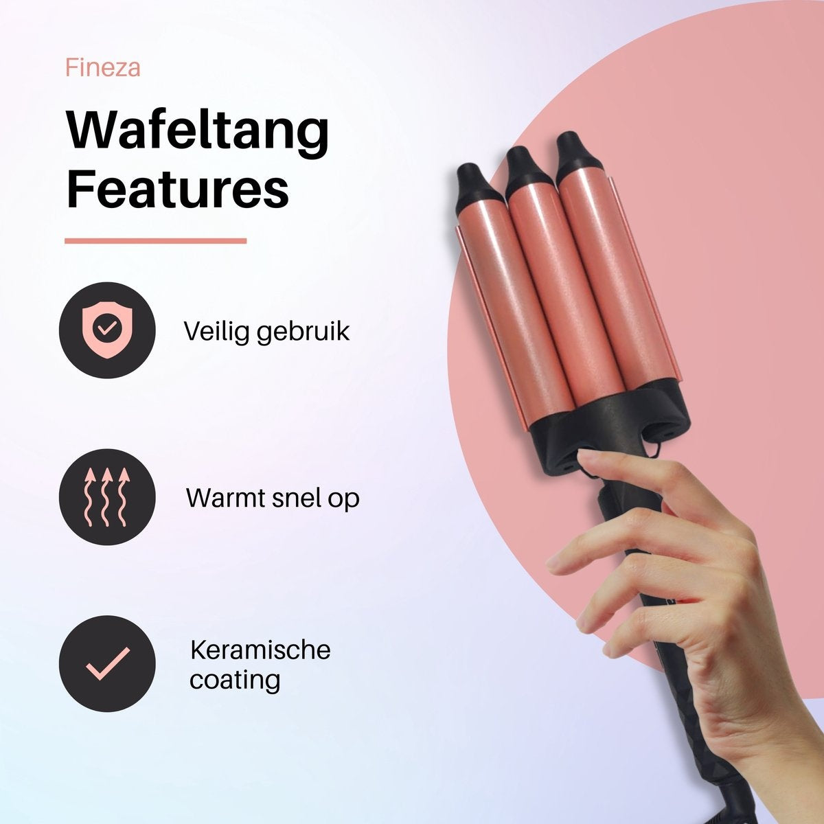 Fineza Pince à gaufres 25mm - Boucleur de cheveux en céramique avec 10 réglages de température - Or rose