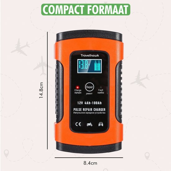 Travelhawk Chargeur de batterie - Chargeur de secours - Chargeur de batterie de voiture - Convient à la moto, à la voiture et au scooter - 12V 6A