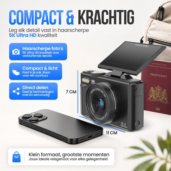 Appareil photo numérique Strex 5K 75 MP - Appareil photo - Appareil photo compact avec Wi-Fi - Appareil photo pour vlog - Appareil photo pour enfants - Zoom 18x - Écran orientable - Noir