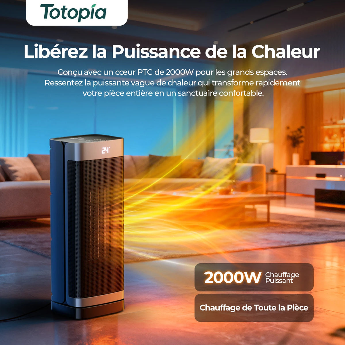 Radiateur céramique Totopia 2000 W - Chauffage électrique PTC avec télécommande - Minuterie 12 h - Oscillation - 40 × 15 × 12 cm - Noir