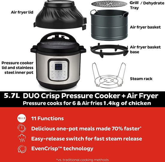 Multicuiseur Instant Pot Duo Crisp 5,7 L + friteuse à air chaud - 11 fonctions en 1 - Autocuiseur - Mijoteuse - Cuisson sous vide - Friture à l'air chaud - Cuisson à la vapeur - Cuisson au four - Jusqu'à 6 portions