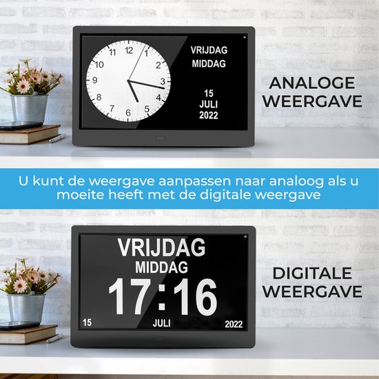TTD® Dementia Clock XXL 10 pouces avec câble extra long - Horloge calendrier avec jour, date et météo - Affichages analogique et numérique - 20 alarmes et 3 alarmes médicales - Wi-Fi - Pour les personnes âgées, les malvoyants, les seniors et les personnes