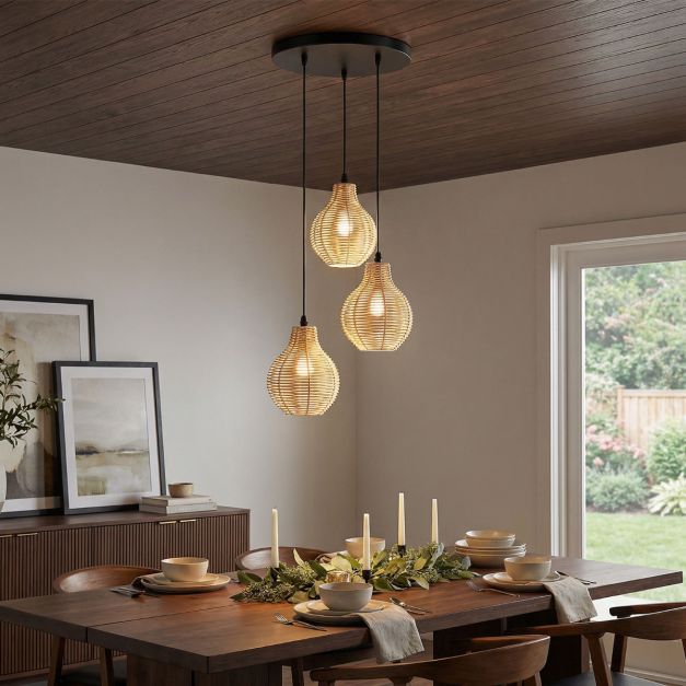 Suspension Coast à 3 lumières en rotin – Réglable de 24 à 102 cm – Ø 30 cm – Noir et beige