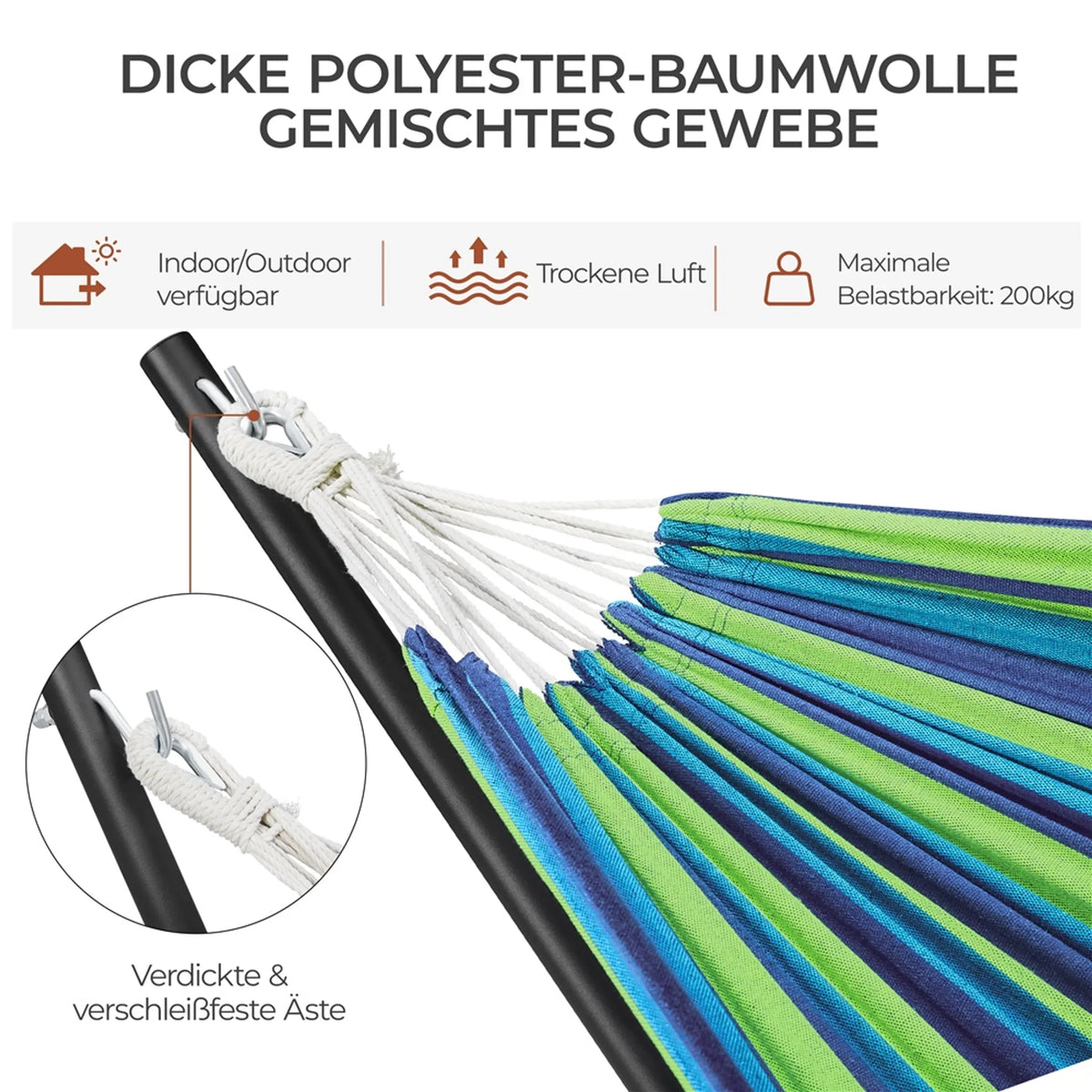 Hamac Yaheetech avec support - Rayures bleues et vertes - 2 à 3 personnes, jusqu'à 205 kg