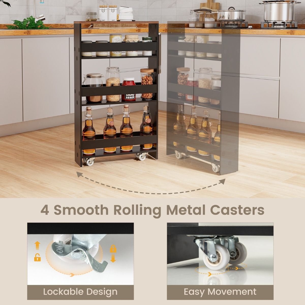 Coast Kitchen Trolley On Wheels - 4-Layer - 47.5 x 13 x 80.5 cm - Black/Nature