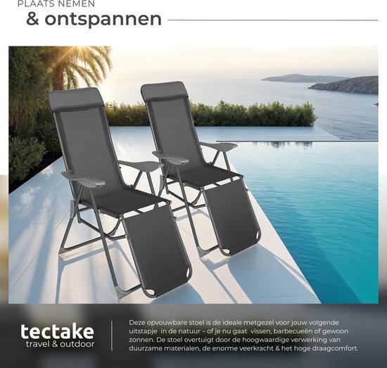tectake® - Lot de 2 chaises pliantes - Chaises de jardin en aluminium - Pliantes avec appui-tête et repose-pieds - Chaises longues pour le jardin, la terrasse ou le balcon - Chaise de camping - Anthracite